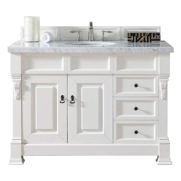 James Martin Vanities 48 in. W Single Bath Vanity with Drawers in Cottage White with Marble Vanity Top in Carrara White with White Basin