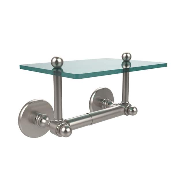 Allied Brass Prestige Skyline Collection Double Post Toilet Paper Holder with Glass Shelf in Satin Nickel