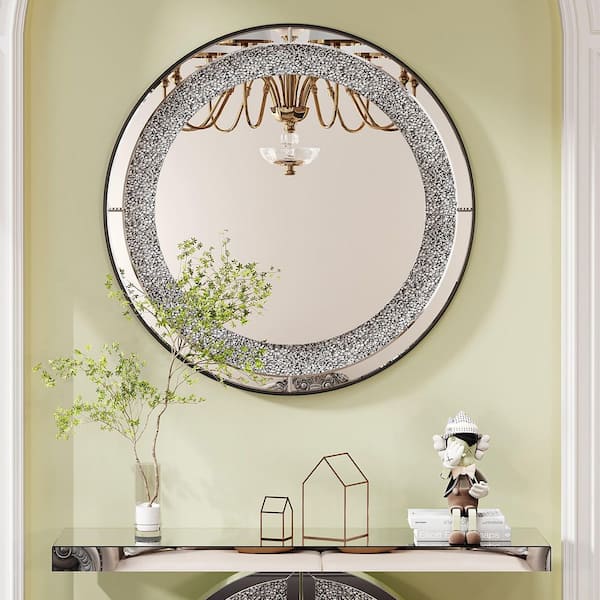 Avex Silver 33.46 in. W x 33.46 in. H Art Deco Round Wooden Framed Mirror