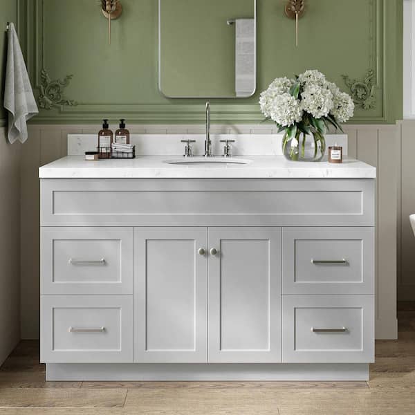 ARIEL Hamlet 54.25 in. W x 22 in. D x 36 in. H Single Sink Freestanding Bath Vanity in Grey with Carrara White Quartz Top