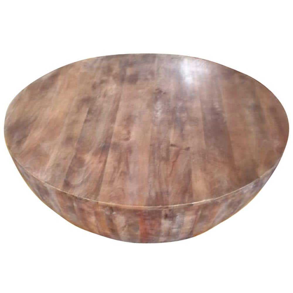 Rustic Drum-Shape Handcarved Mango Wood Coffee Table, Raw Brown