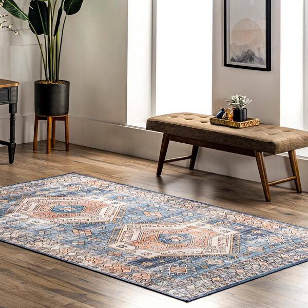 Mae Machine Washable Tribal Motif Blue 4 ft. x 6 ft. Indoor Area Rug