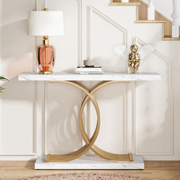 BYBLIGHT Turrella 40 in. Black Rectangle MDF Console Table Gold Base, Geometric Entryway Sofa Table, Accent Table for Living Room