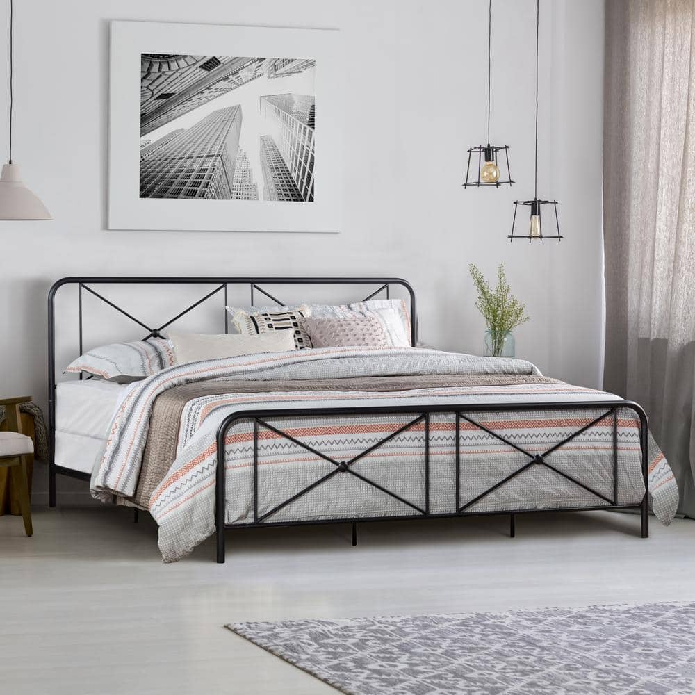 King Black Metal Frame Bed with Double X Design