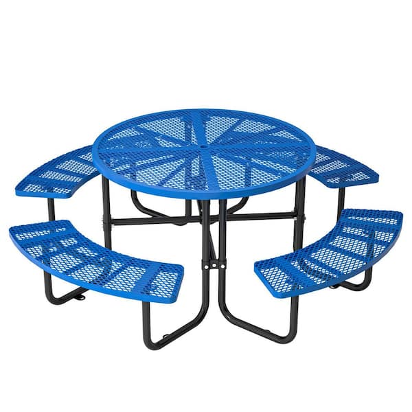 46 in. Outdoor Round Steel Picnic Table with Umbrella Hole Seats 8-People