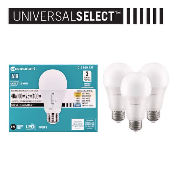 Universal Select 40/60/75/100-Watt Equivalent A19 Dimmable LED Light Bulb with Selectable Color Temperature (3-Pack)