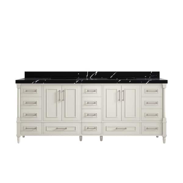 Willow Collections Hudson 84 in. Double Sink Freestanding Alabaster Bath Vanity with Calacatta Black Qt. Top Unassembled