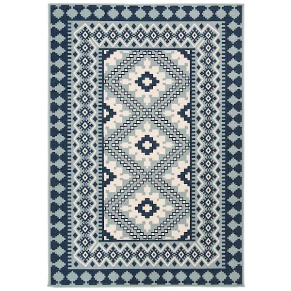 SAFAVIEH Veranda Ivory/Blue Doormat 2 ft. x 4 ft. Geometric Border Indoor/Outdoor Area Rug