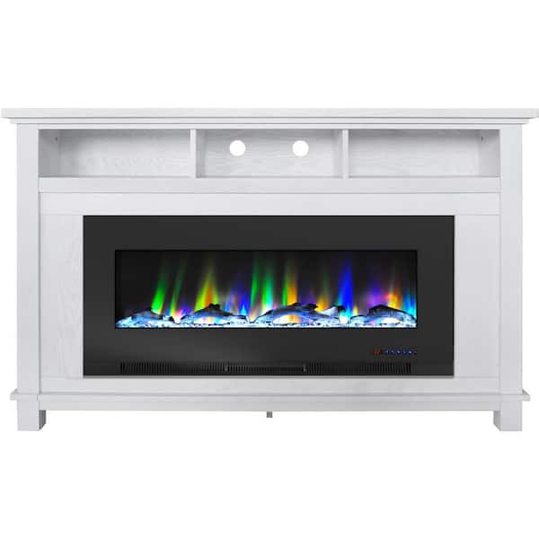 Hanover Winchester 57.8 in. Freestanding Electric Fireplace TV Stand in White and with Black Driftwood Log Display