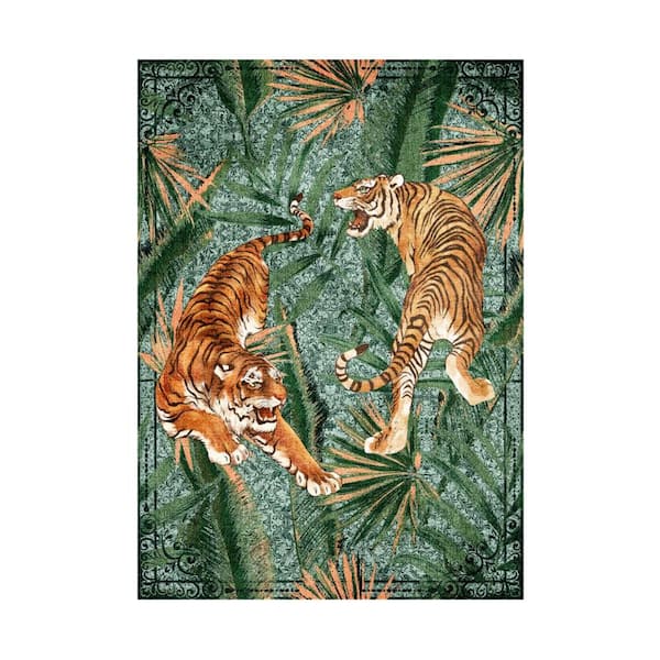 Green 6 ft. x 9 ft.ft Animal Print Rug Low Pile Non-Slip Washable