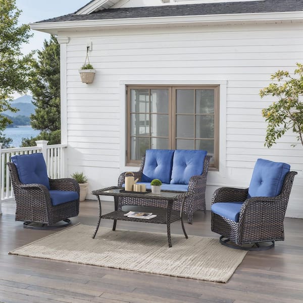 4-Piece Brown Wicker Patio Conversation Set with Olefin Blue Cushions and Swivel Glider Chairs/Loveseat