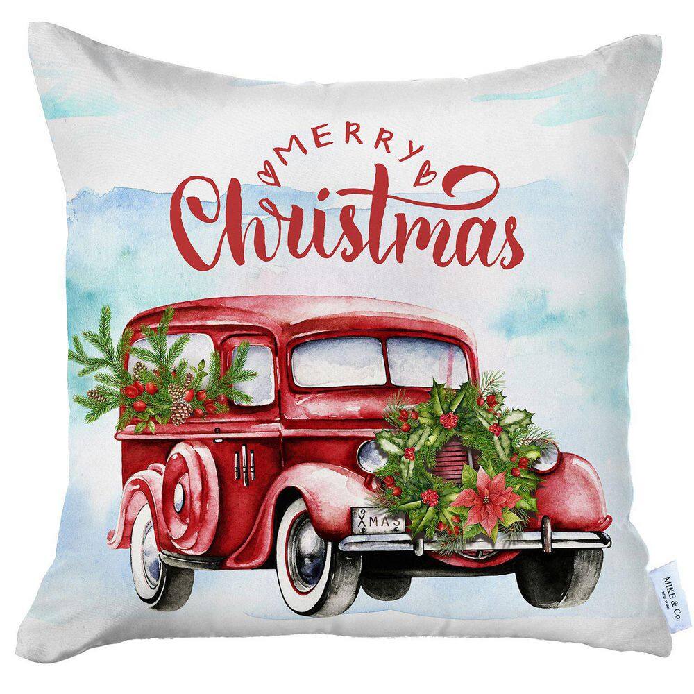 Christmas Car Red and White Polyester Euro Throw Pillow Cover