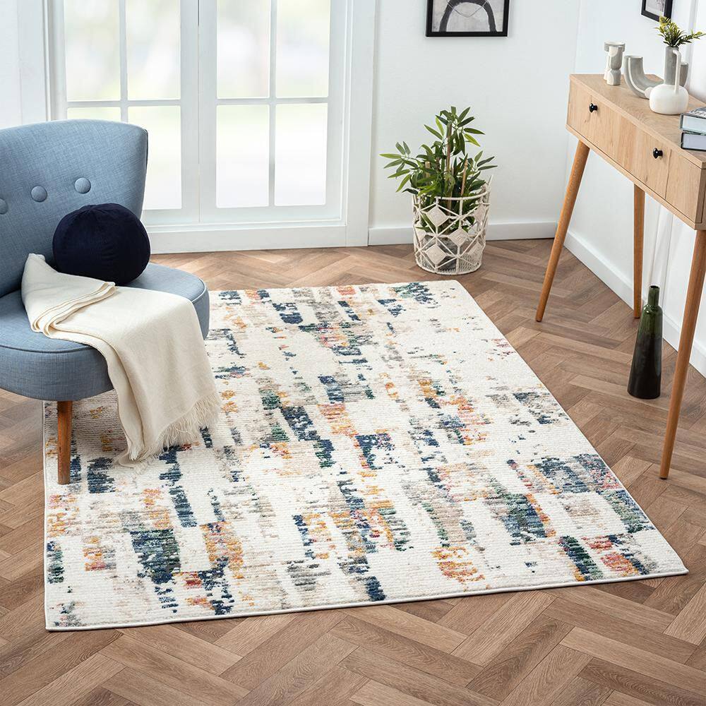 Beaux Blue and Orange Abstract Synthetic 5' x 7' Area Rug
