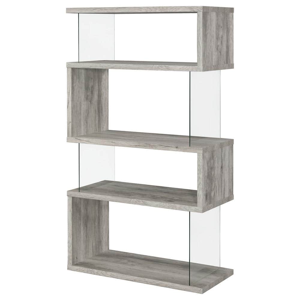 Zigzag Contemporary 63" Gray Wood Bookcase with Glass Panels