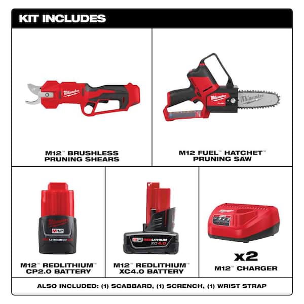 M12 FUEL 12V Brushless Cordless Brushless Cordless Pruner w/M12 6 in. Pruning Saw, 4.0 Ah & 2.0 Ah Battery, Charger