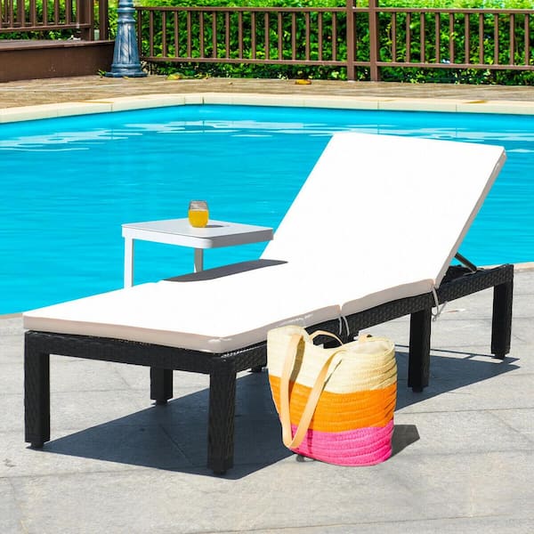 Patio Rattan Chair Wicker Outdoor Chaise Lounge with White Cushioned Height Adjustable Pool Garden