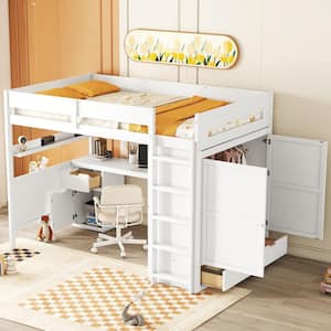 White Full Size Wooden Loft Bed with Wardrobe, Desk, Drawers, Shelves