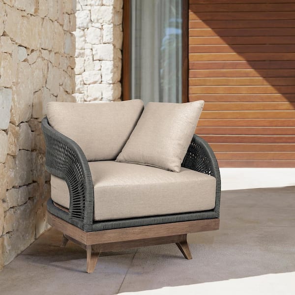 Armen Living Orbit Light Brown Eucalyptus Wood Outdoor Lounge Chair with Taupe Cushion