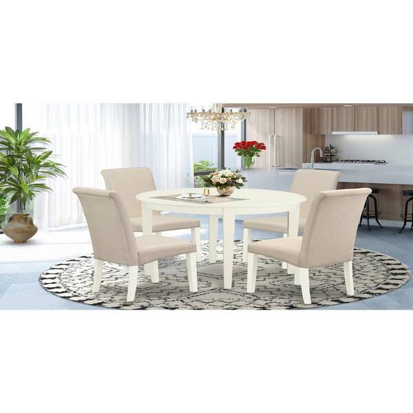 East West Furniture 5-Piece Round Linen White Solid Wood Top-Dining Room Set-Seats 4