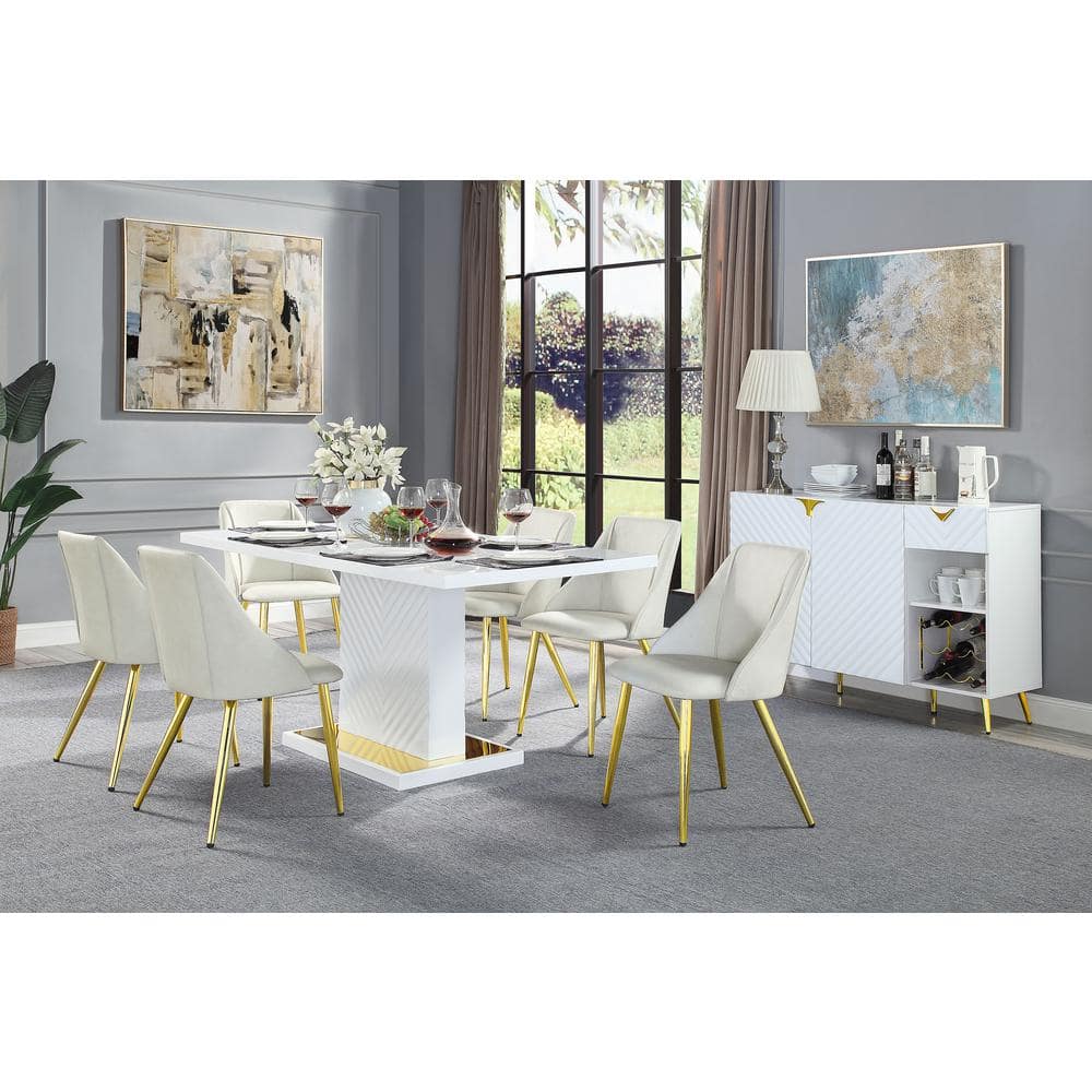 White High Gloss Rectangular Dining Table with Gold Accents
