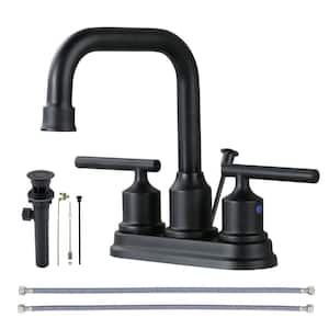4 in. Centerset Double Handle High Arc Bathroom Faucet with Drain Kit in Matte Black