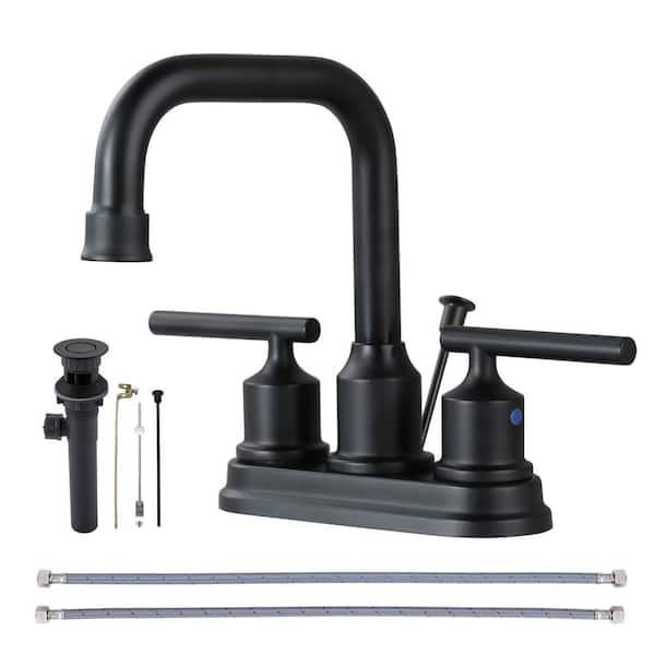 IVIGA 4 in. Centerset Double Handle High Arc Bathroom Faucet with Drain Kit in Matte Black