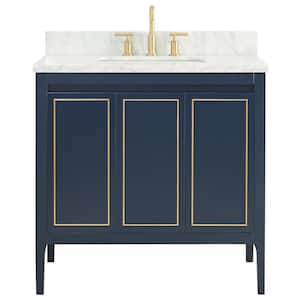 Exeter 36 in. W x 21 in. D x 34 in. H Single Sink Bath Vanity in Navy with Carrara Marble Top and Ceramic Basin