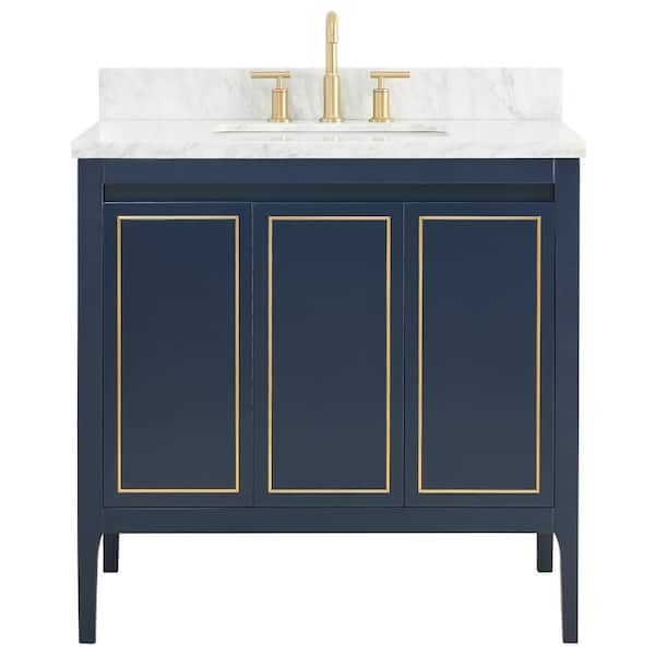 Chameleon Concepts Exeter 36 in. W x 21 in. D x 34 in. H Single Sink Bath Vanity in Navy with Carrara Marble Top and Ceramic Basin