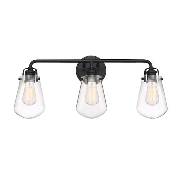 Elliott 24 in. 3-Light Matte Black Industrial Vanity Light with Clear Glass Shades