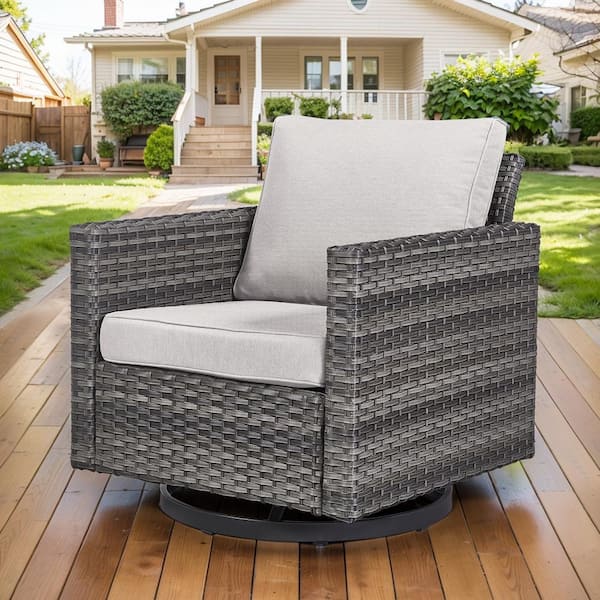 Gray Wicker Outdoor Rocking Chair, Patio Swivel Glider Chair with Beige Cushions for Porch or Balcony (1-Pack)