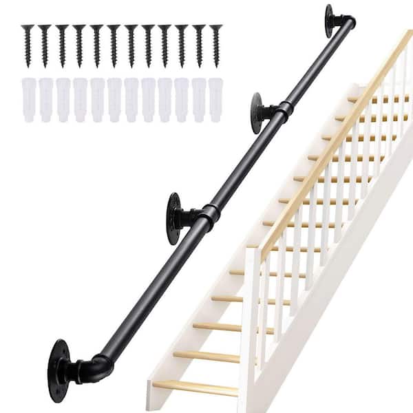 SEEUTEK 96 in. H x 2.7 in. x W 8 ft. Black Pipe Stair Handrail for Indoor Stair Railing Stairs Metal Railing Stair Railing Kit