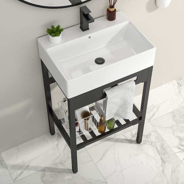 23 in. Ceramic White Single Bowl Console Sink and Stainless Steel Base in Matte Black Combo with Overflow