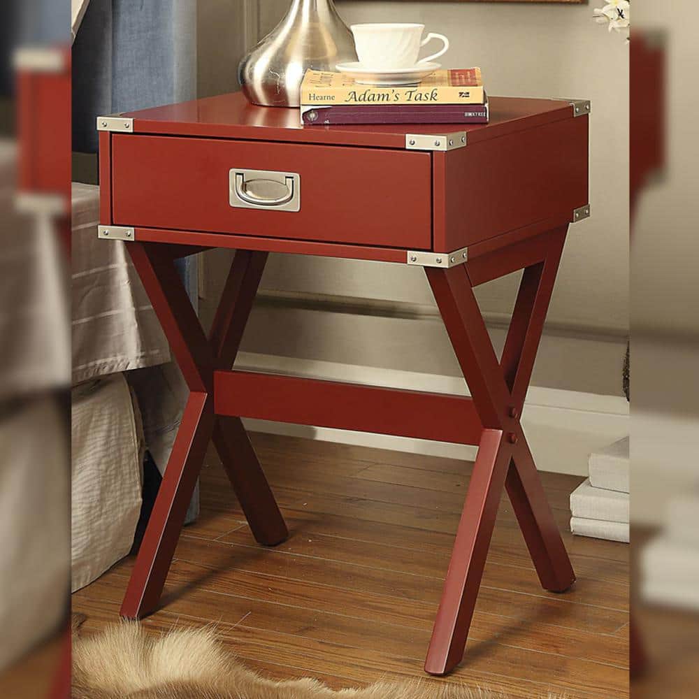 Red Square Wooden End Table with Metal Accents and Storage