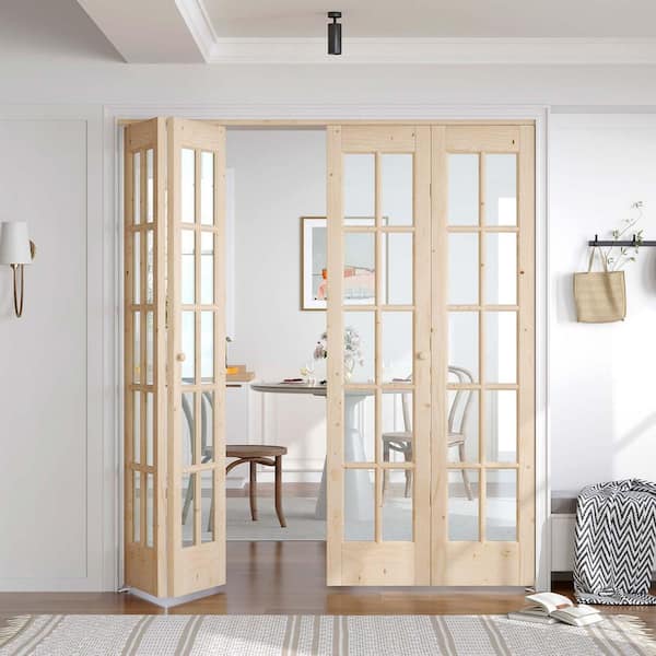 easelife 72 in. x 80 in. (Double 36 in. Bifold Door) Pre Assembled Clear Glass Spruce Solid Core Wood Bi-fold Door with Hardware