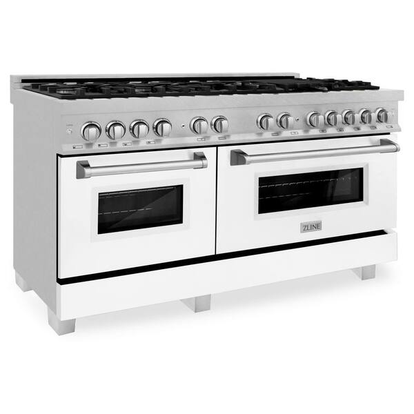 ZLINE Kitchen and Bath 60 in. 9 Burner Double Oven Dual Fuel Range with White Matte Door in Fingerprint Resistant Stainless Steel