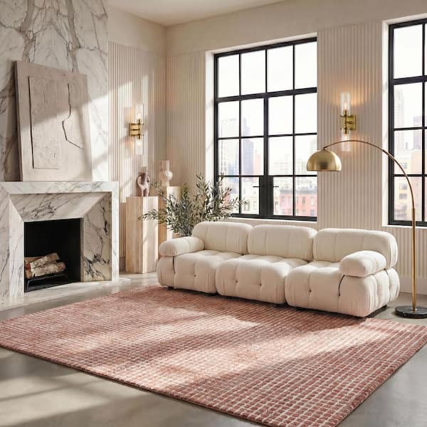 Abstract 9 ft. x 12 ft. Ivory/Blush Grid Geometric Area Rug