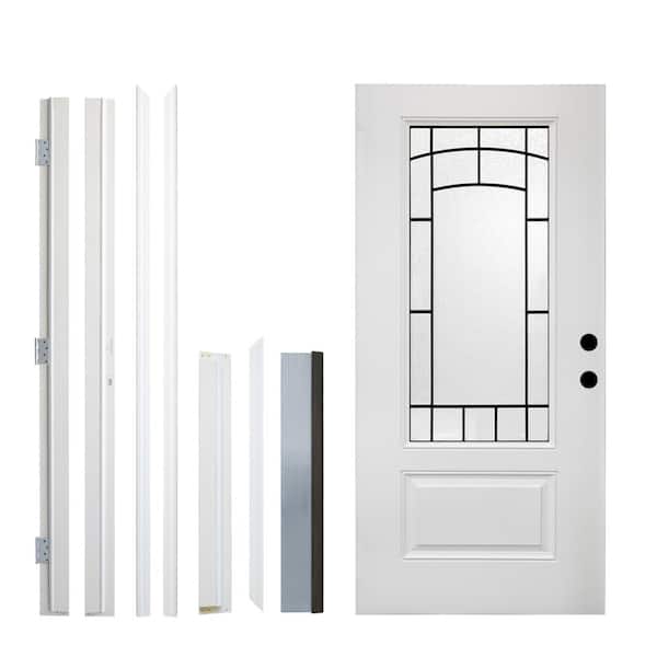 36 in. x 80 in. White Primed Smooth Fiberglass Left Hand Inswing Front Door with 3/4 View Frosted Glass Brickmould