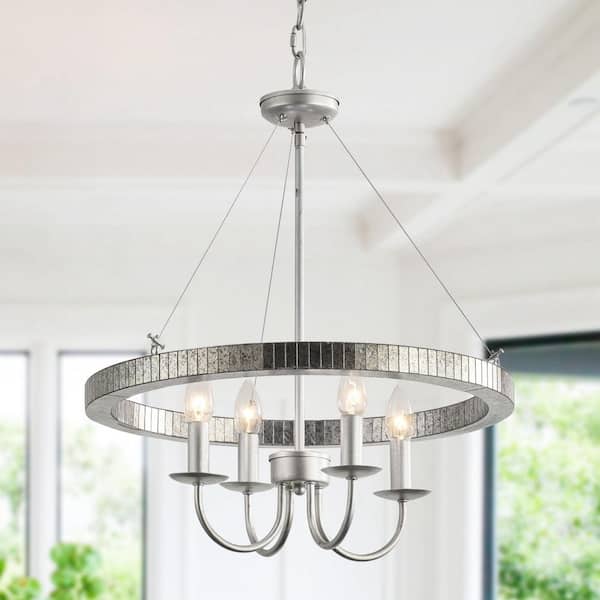 Parrot Uncle Farmhouse 4-Light Brushed Nickel Wagon Wheel Candle Style Chandelier