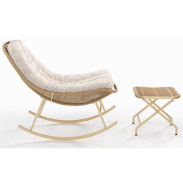 YIYEKE Wicker Outdoor Rocking Chair with Rattan Ottoman and Beige Cushions