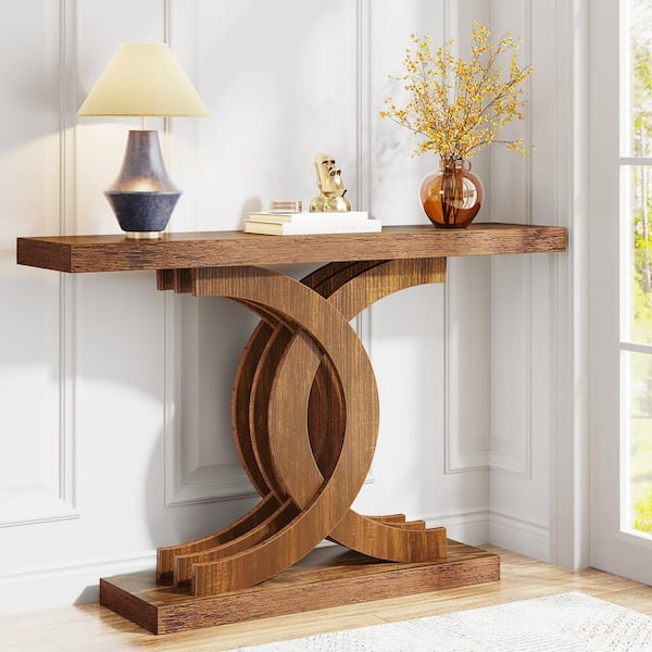 BYBLIGHT Turrella 39 in. Brown Rectangle Wood Console Table, Modern Farmhouse Sofa Table with Geometric Base