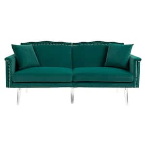 64 in. Full Size Modern Emerald Velvet Upholstered Sofa Bed with 2 Pillows