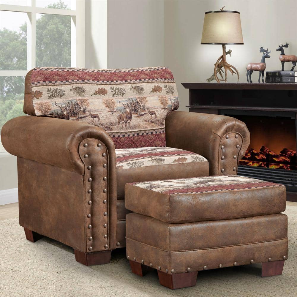 Deer Valley Series Tapestry and Pinto Brown Microfiber Arm Chair and Ottoma