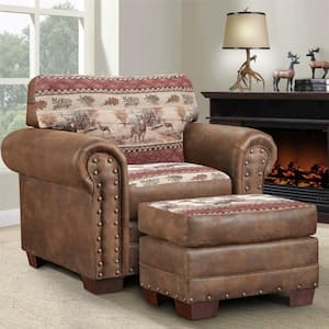 Deer Valley Series Tapestry and Pinto Brown Microfiber Arm Chair and Ottoman Set of 1 with Nail Head Accents