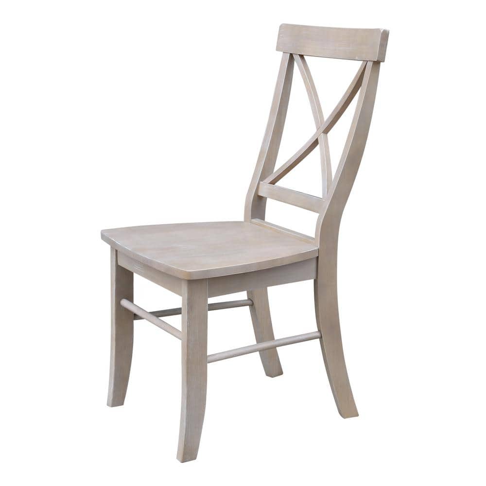 Washed Gray Taupe Solid Wood X-Back Dining Chairs, Set of 2