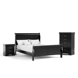 3-Piece Burkhart Black Wood Queen Bedroom Set Bed and Nightstand with Chest