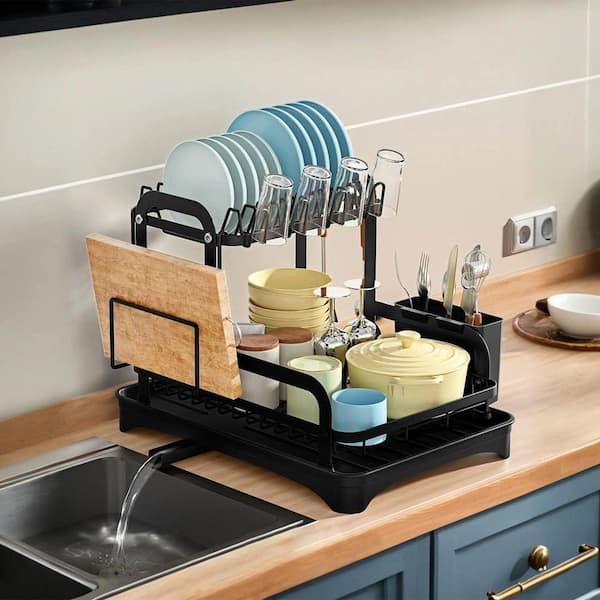 2-Tier Dish Drying Rack for Kitchen Counter Space Saving Rustproof Dish Rack with Drainboard Detachable