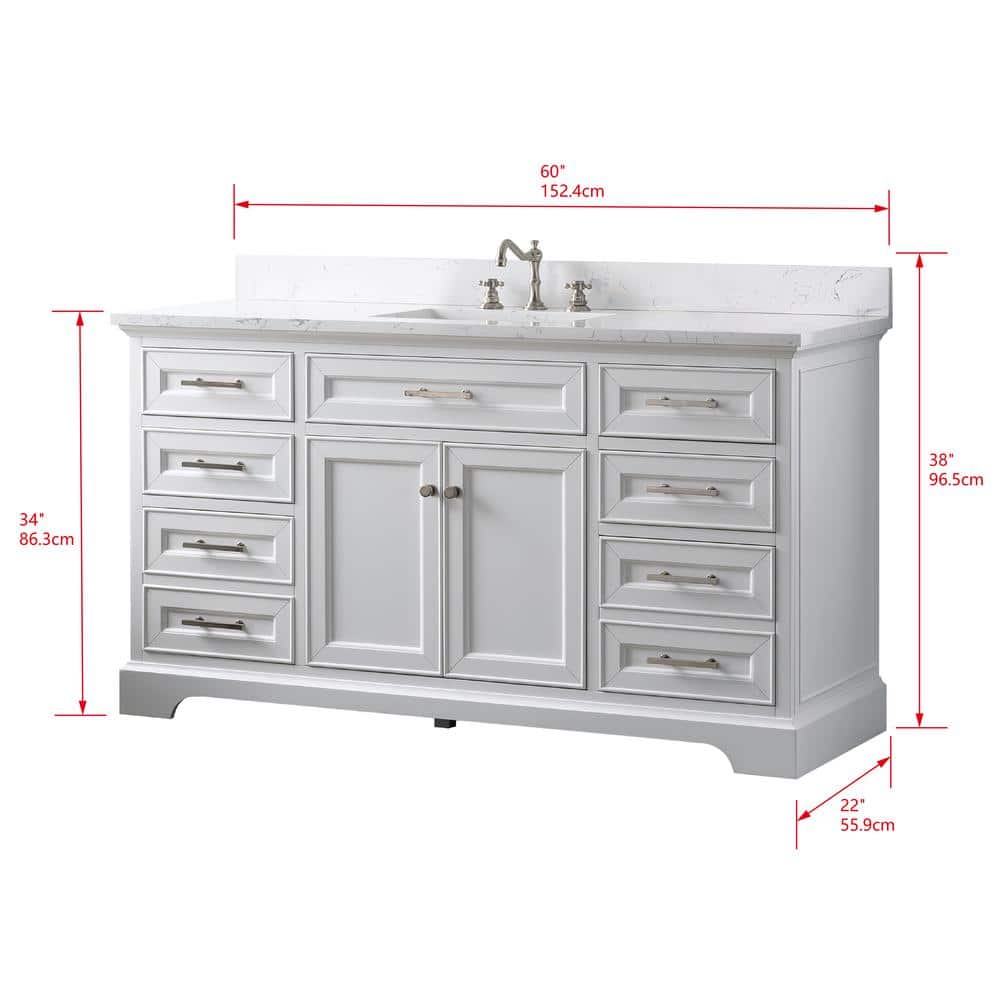 Thompson 60" White Solid Wood Single Bathroom Vanity with Engineered Stone Top