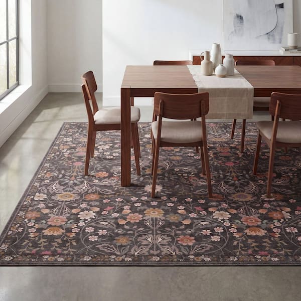 Primrose Art Nouveau Floral Border Machine-Washable Taupe/Multi 8 ft. x 10 ft. Area Rug