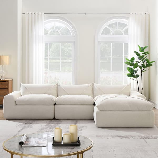 Luxury Collection 116 in. Round Arm 4-piece L-Shaped Chenille Sectional Sofa in White, No Assembly Required