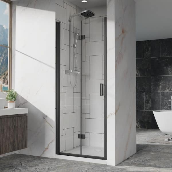 Maggie 30 in. W x 72 in. H Semi Frameless Pivot Shower Door in Black with Tempered Clear Glass